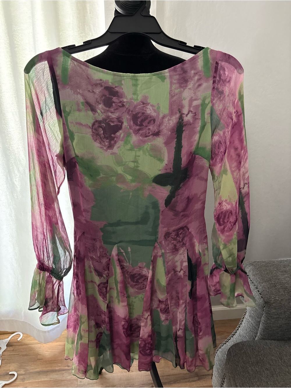 ASOS Pink and Green Sheer Long-Sleeve Floral Mini Dress